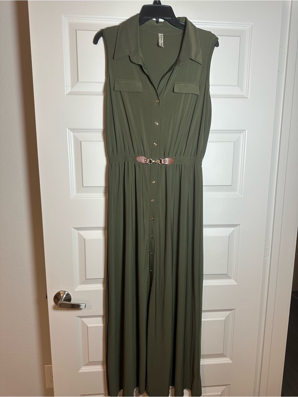 PerSeption Concept Olive Green Sleeveless Maxi Shirt Dress with Belt Detail